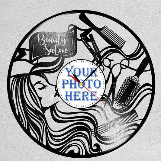 Personalized Beauty Salon Wall Clock – Custom LP Record Design, Silent Quartz Movement