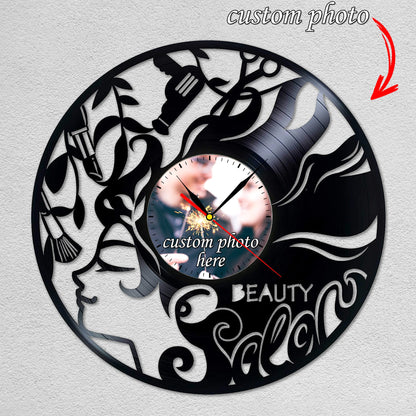 Personalized Beauty Salon Wall Clock – Custom LP Record Design, Silent Quartz Movement