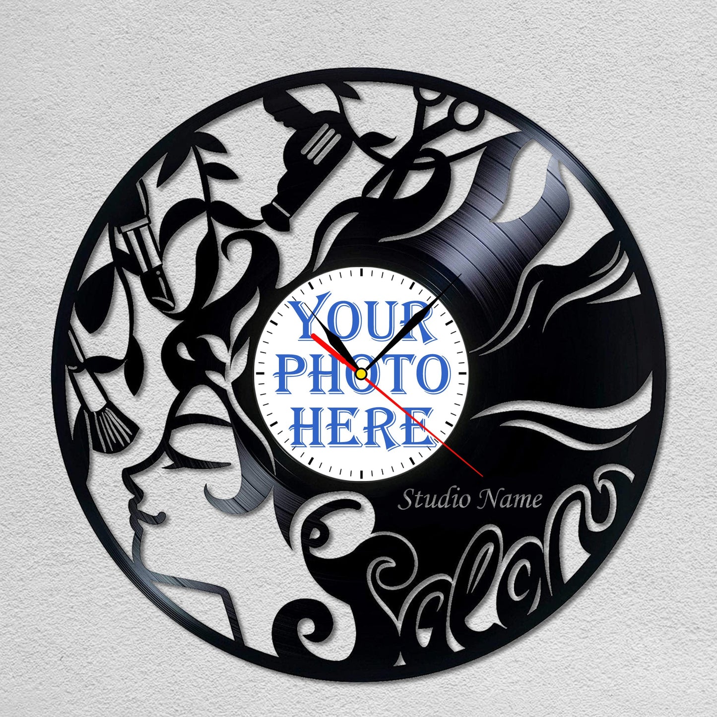 Personalized Beauty Salon Wall Clock – Custom LP Record Design, Silent Quartz Movement