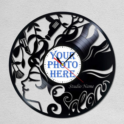Personalized Beauty Salon Wall Clock – Custom LP Record Design, Silent Quartz Movement