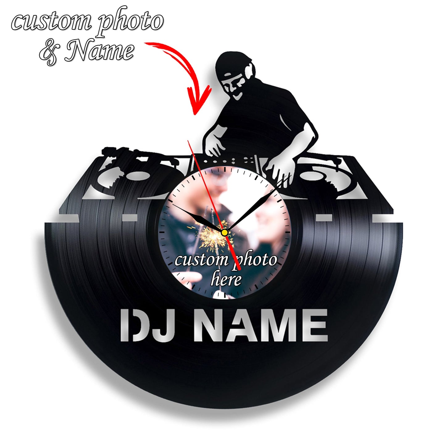 Personalized DJ Silent Wall Clock – Custom Name & Photo LP Record Gift
