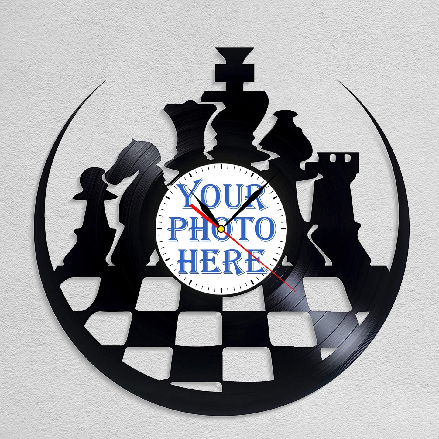 Personalized Chess LP Record Wall Clock – Custom Photo & Name, Silent Quartz