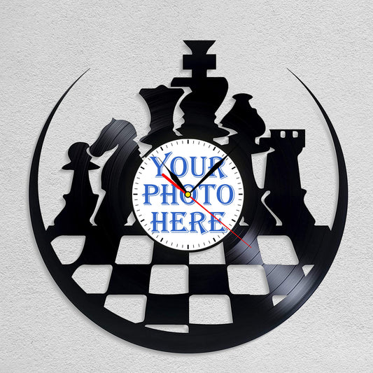 Personalized Chess LP Record Wall Clock – Custom Photo & Name, Silent Quartz