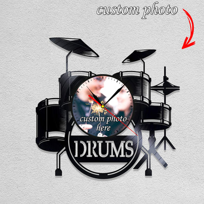 Personalized Drummer LP Record Wall Clock – Custom Photo, Silent Quartz Movement