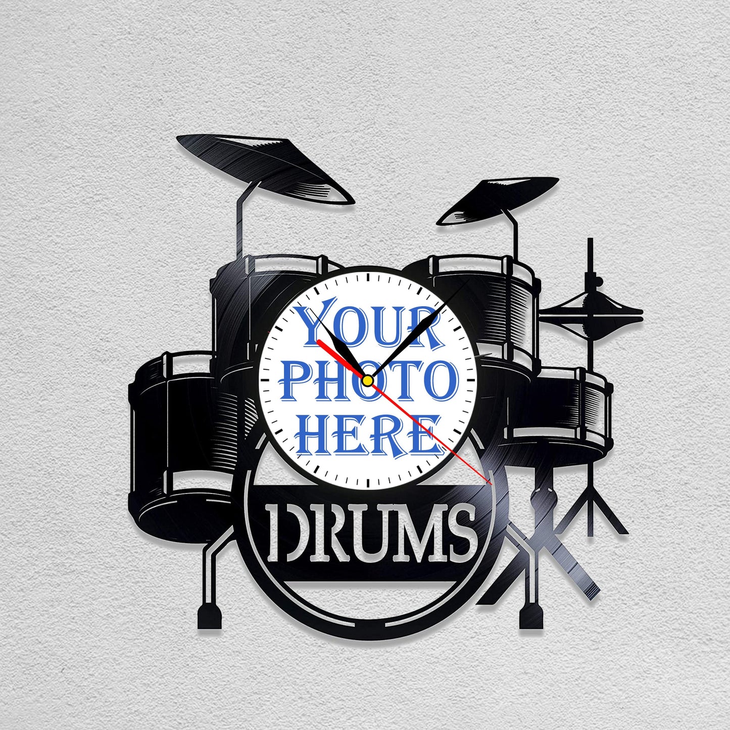 Personalized Drummer LP Record Wall Clock – Custom Photo, Silent Quartz Movement