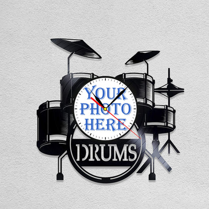 Personalized Drummer LP Record Wall Clock – Custom Photo, Silent Quartz Movement