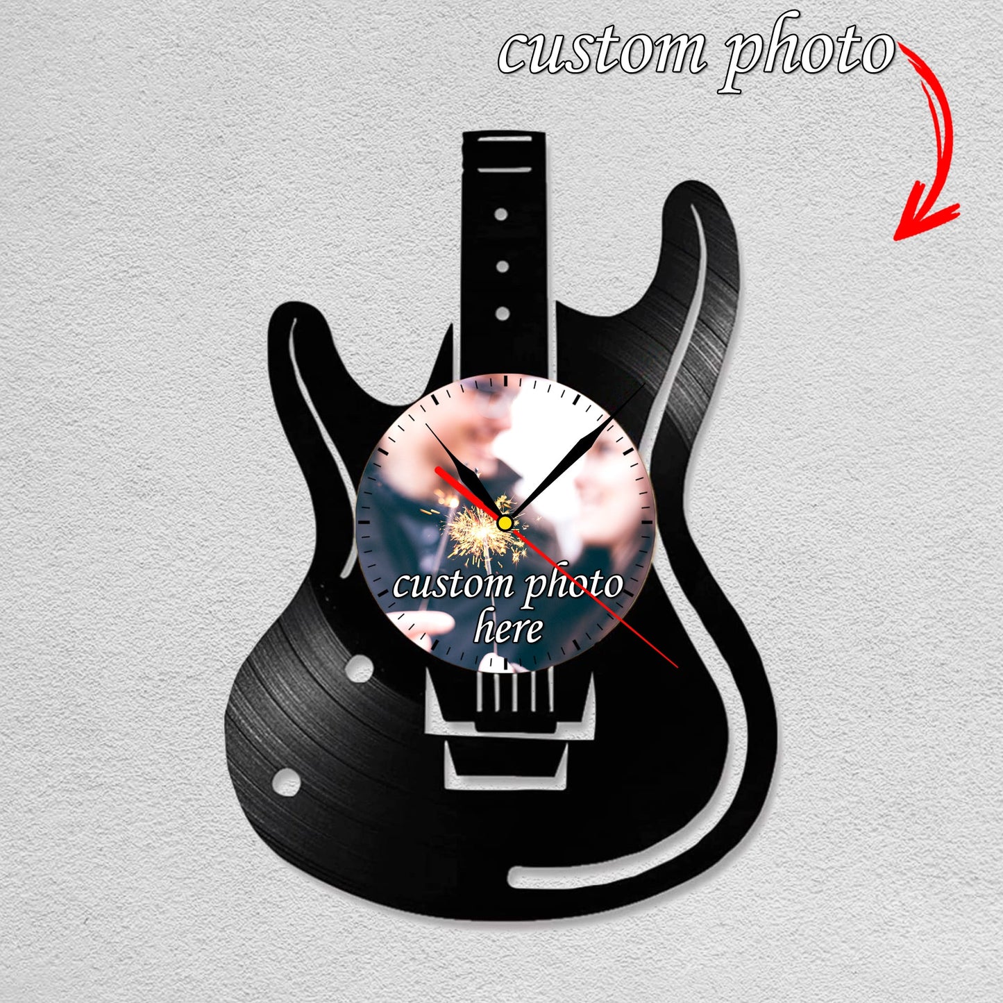 Personalized Guitar Photo Clock – Custom LP Vinyl Design, Silent Quartz Movement