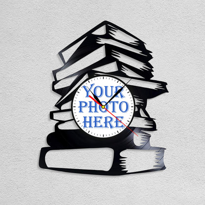 Personalized Book Stack LP Record Wall Clock – Custom Photo, Silent Quartz Movement