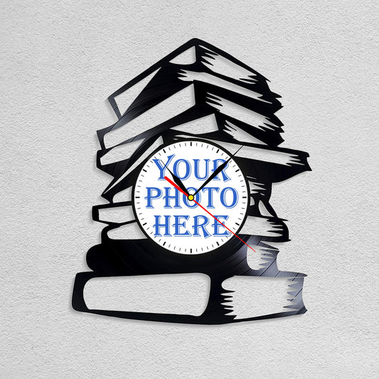 Personalized Book Stack LP Record Wall Clock – Custom Photo, Silent Quartz Movement