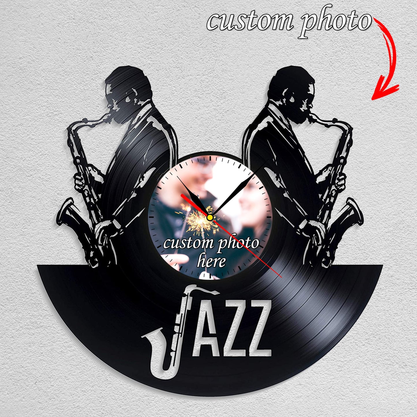 Personalized Jazz LP Record Wall Clock – Custom Photo, Silent Quartz Movement