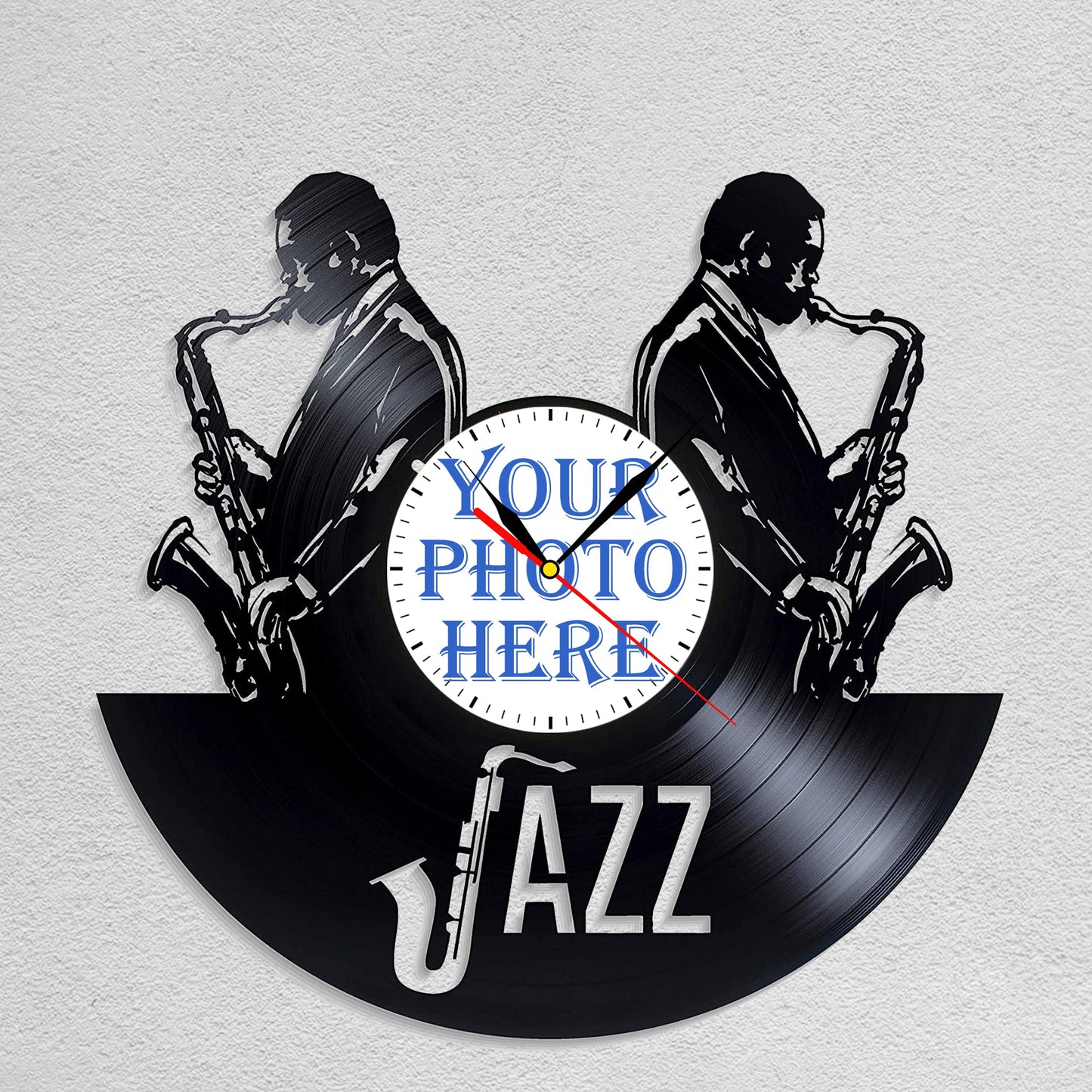 Personalized Jazz LP Record Wall Clock – Custom Photo, Silent Quartz Movement