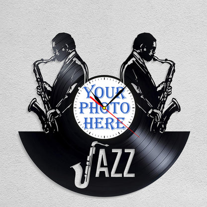 Personalized Jazz LP Record Wall Clock – Custom Photo, Silent Quartz Movement