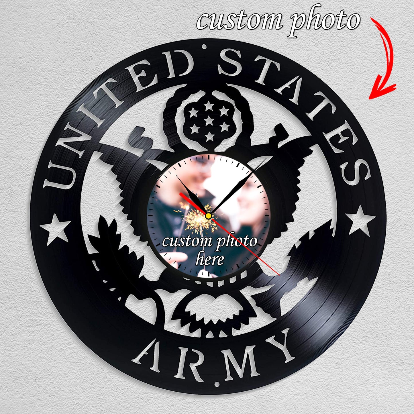 Personalized US Army LP Record Wall Clock – Custom Photo, Silent Quartz Movement