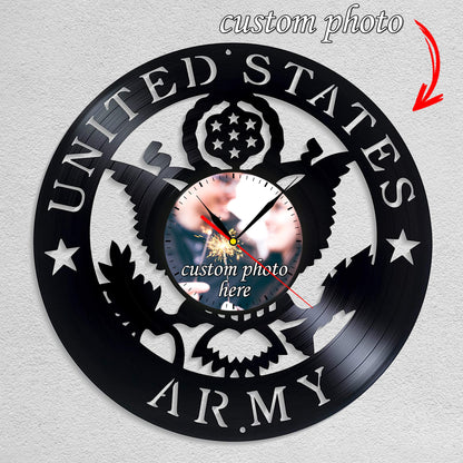 Personalized US Army LP Record Wall Clock – Custom Photo, Silent Quartz Movement