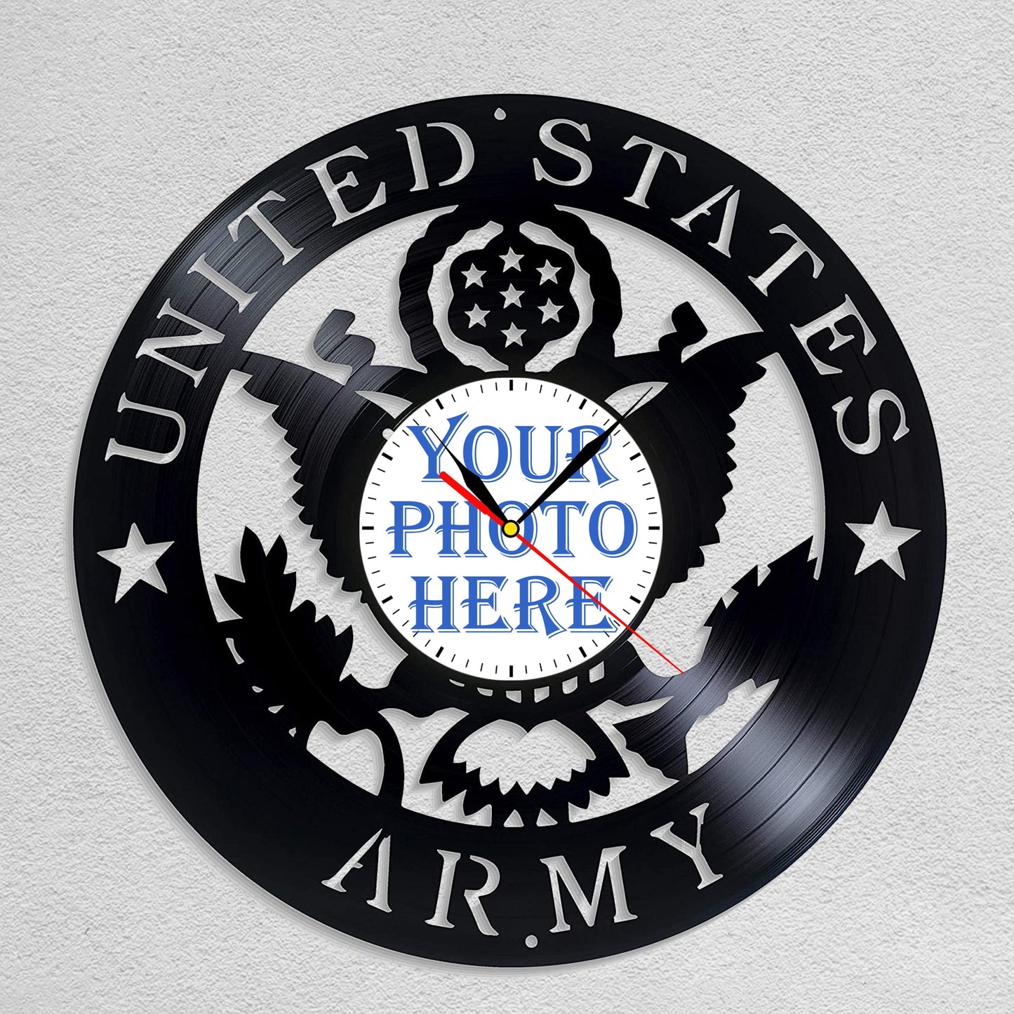 Personalized US Army LP Record Wall Clock – Custom Photo, Silent Quartz Movement
