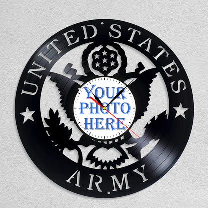 Personalized US Army LP Record Wall Clock – Custom Photo, Silent Quartz Movement