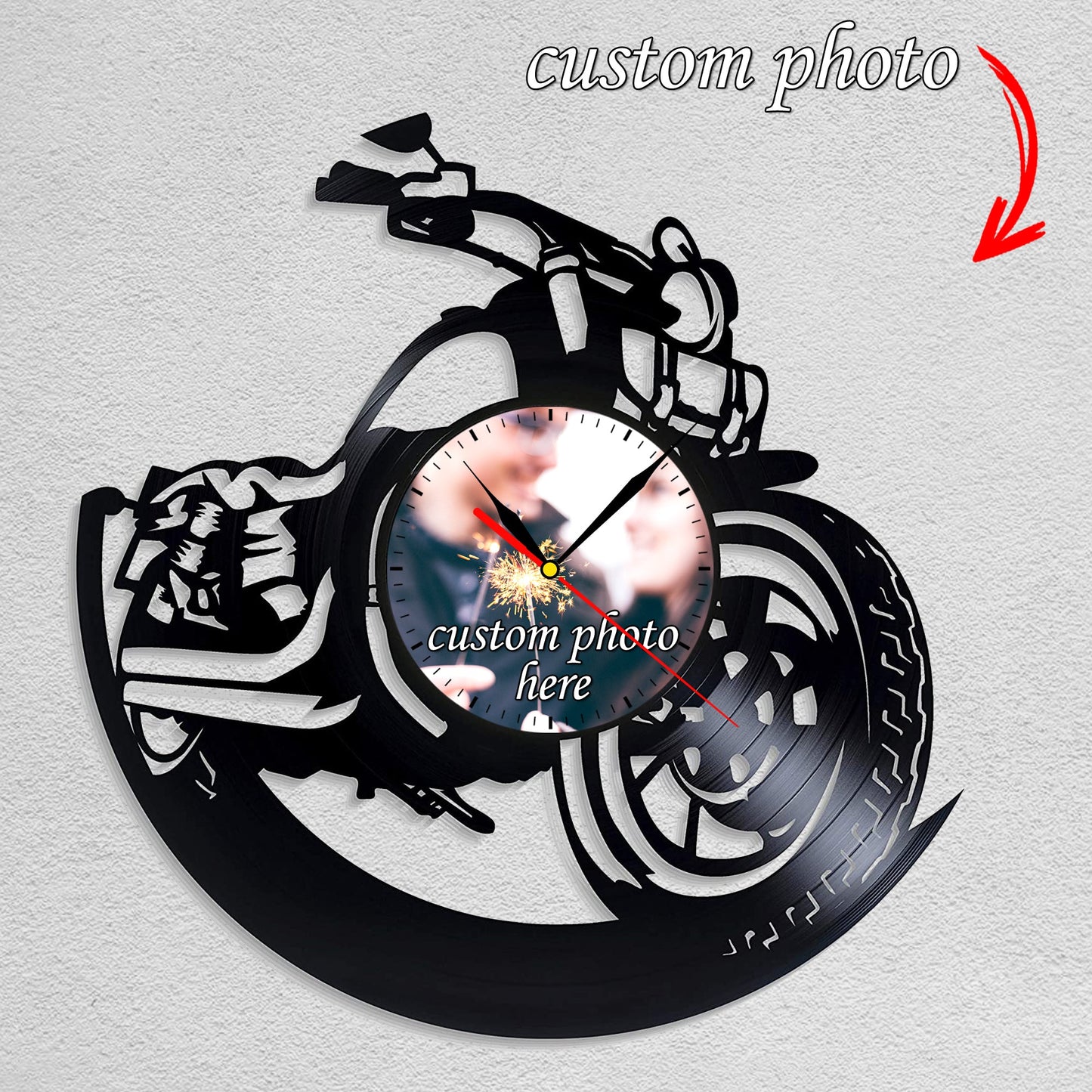 Personalized Motorcycle LP Record Wall Clock – Custom Photo, Silent Quartz Movement