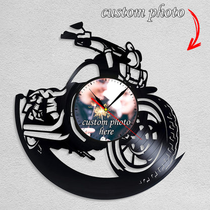 Personalized Motorcycle LP Record Wall Clock – Custom Photo, Silent Quartz Movement