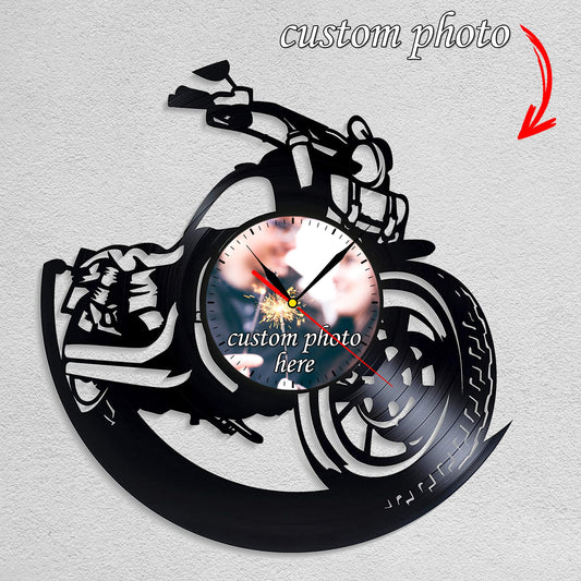 Personalized Motorcycle LP Record Wall Clock – Custom Photo, Silent Quartz Movement