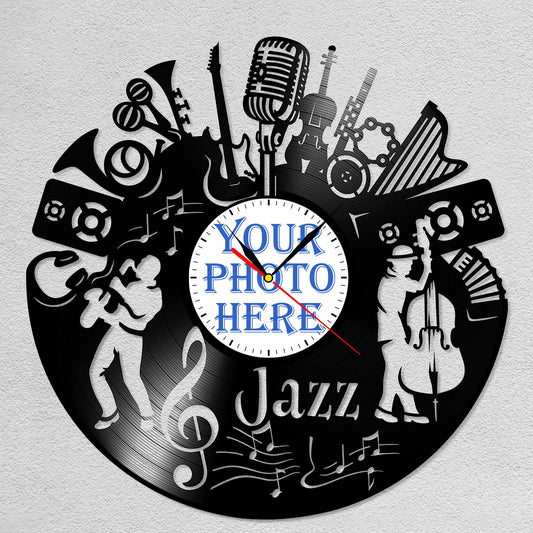 Personalized Jazz LP Record Wall Clock – Custom Photo & Name, Silent Quartz