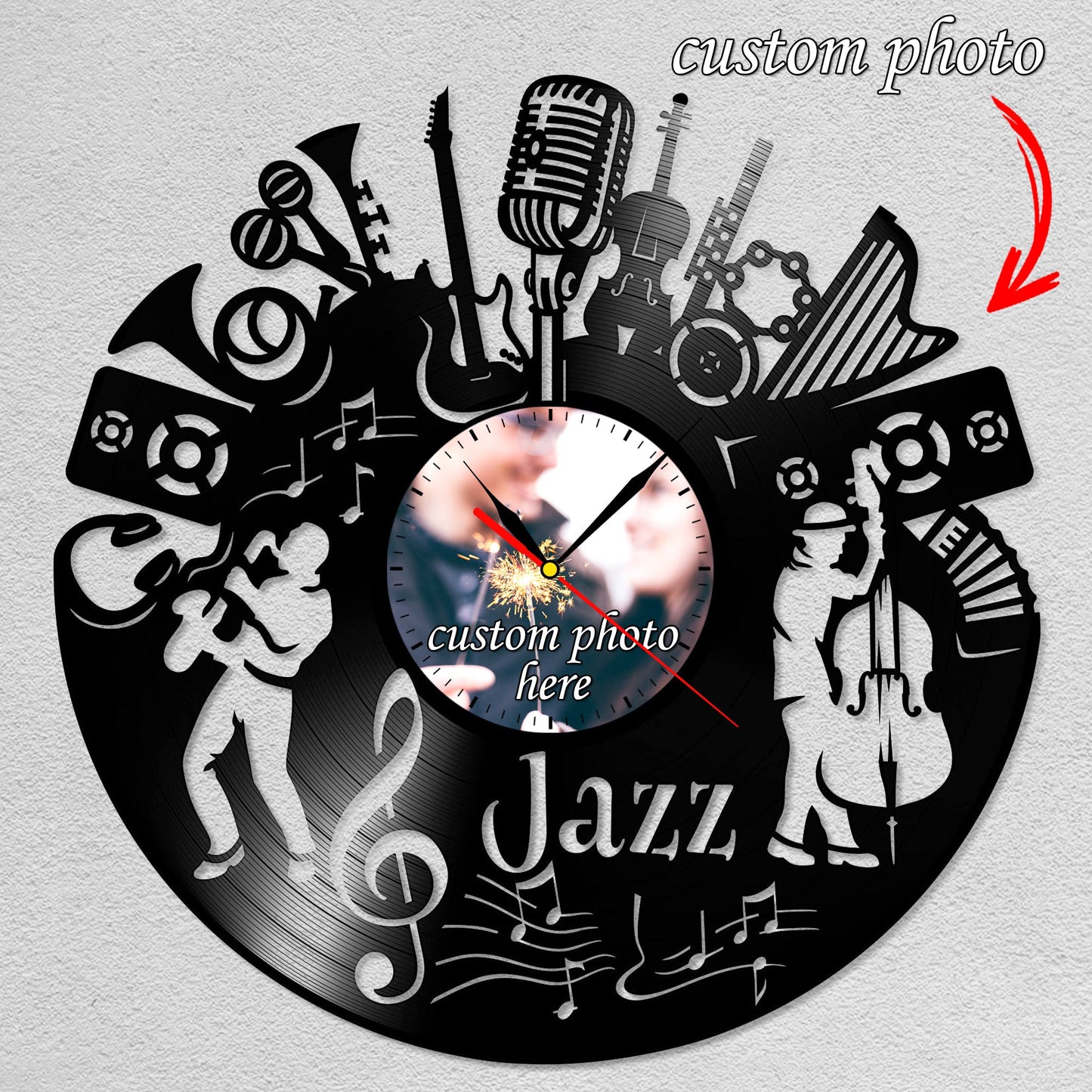 Personalized Jazz LP Record Wall Clock – Custom Photo & Name, Silent Quartz