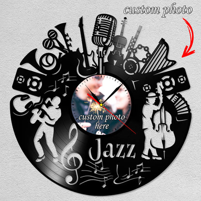 Personalized Jazz LP Record Wall Clock – Custom Photo & Name, Silent Quartz