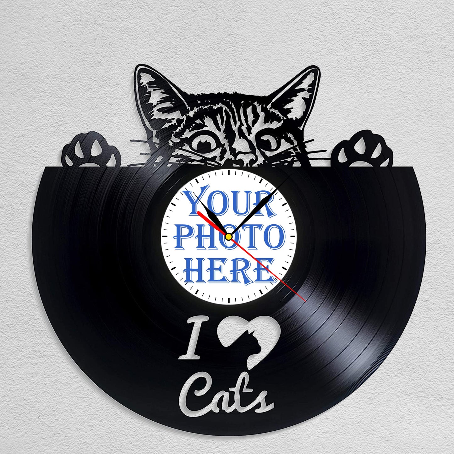 Personalized Cat Memorial Wall Clock – Custom LP Record, Silent Quartz Movement