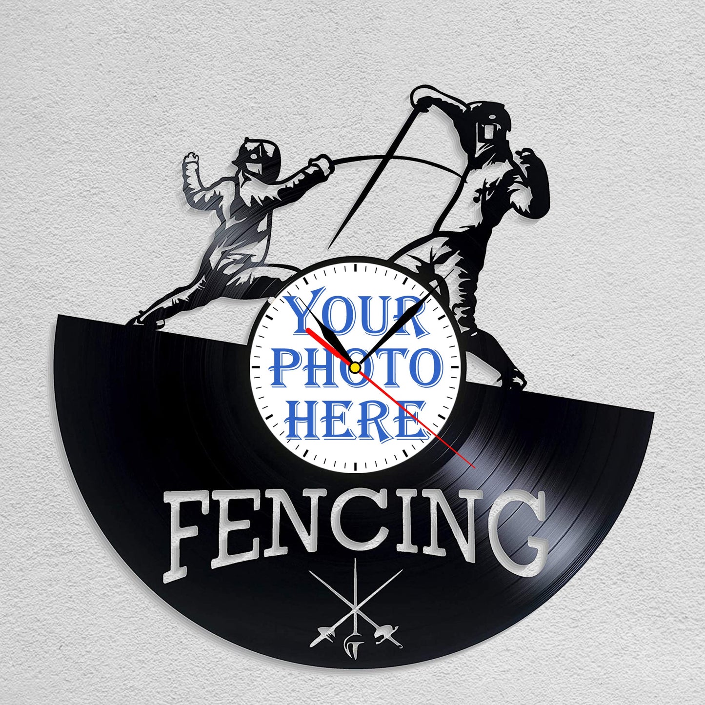 Personalized Fencing LP Record Wall Clock – Custom Photo, Silent Quartz Movement