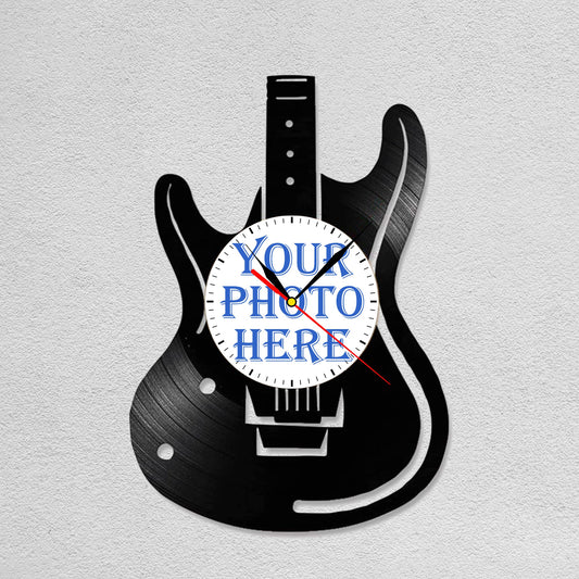 Personalized Guitar Photo Clock – Custom LP Vinyl Design, Silent Quartz Movement
