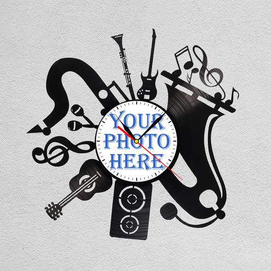Personalized Musician's Photo Clock – Custom LP Vinyl Design, Silent Quartz Movement