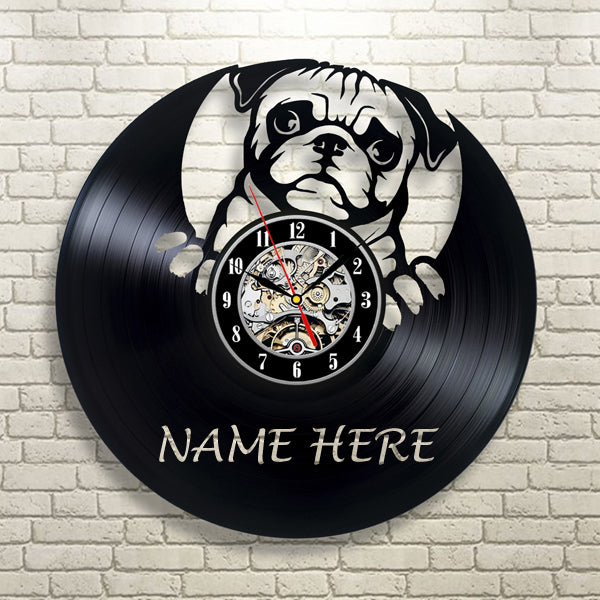 Unique Vinyl Record Pug Dog Theme Wall Clock Pet Memorial