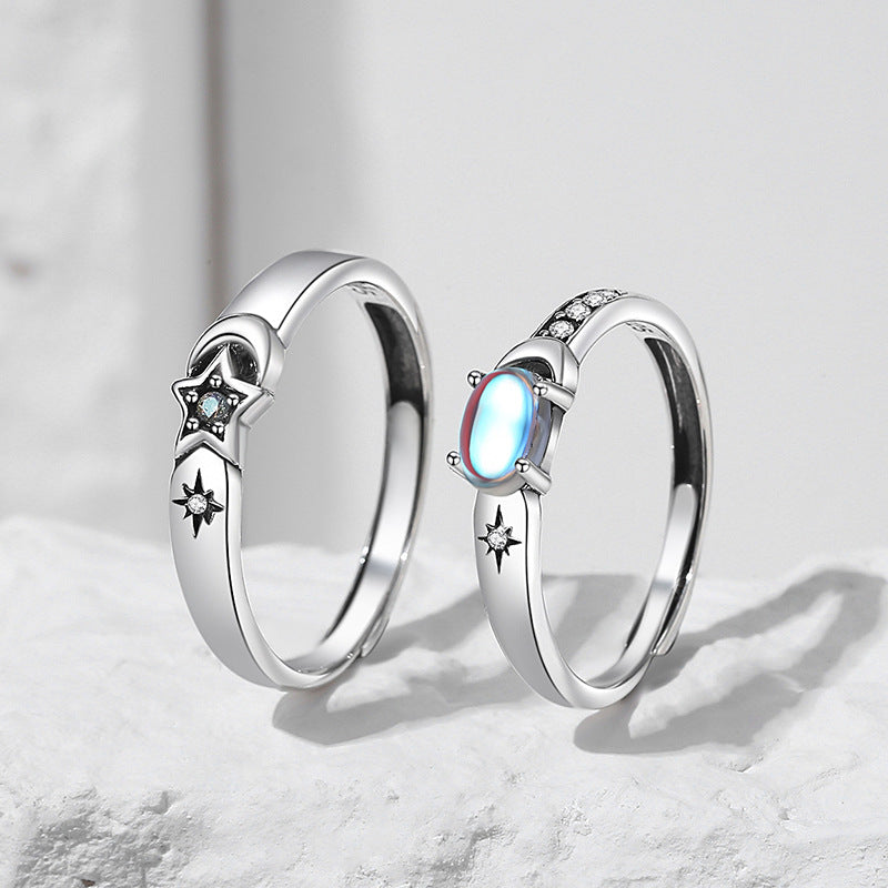 Star and Moon Couple Rings Set Sterling Silver Moonstone