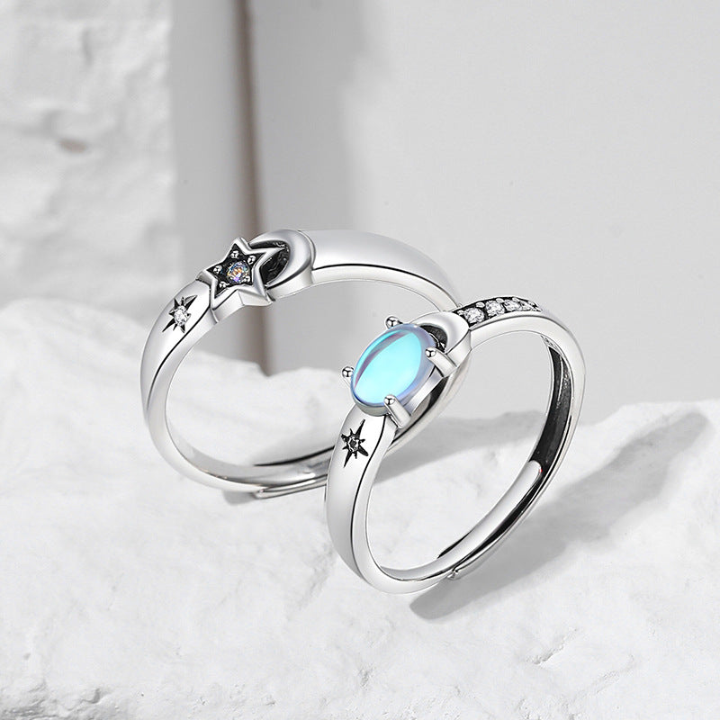 Star and Moon Couple Rings Set Sterling Silver Moonstone